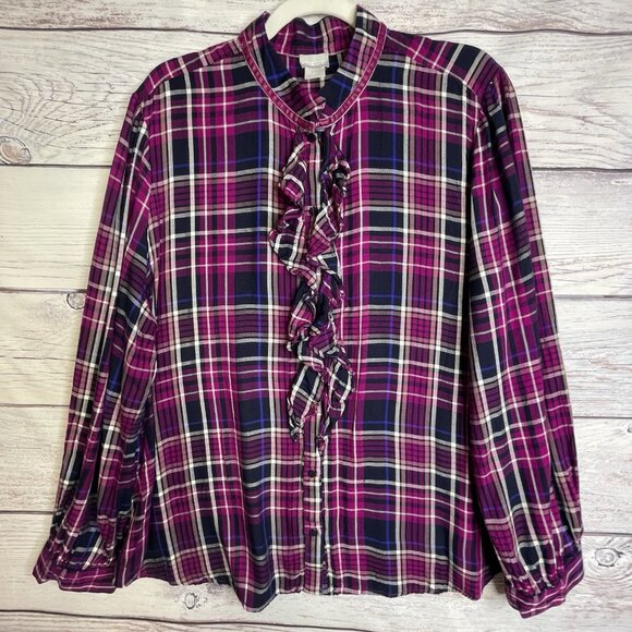 Chico's Women's Plaid  Flannel Top Size 4‎ (20/22) Ruffled Velvet Trim Collar - Picture 1 of 16